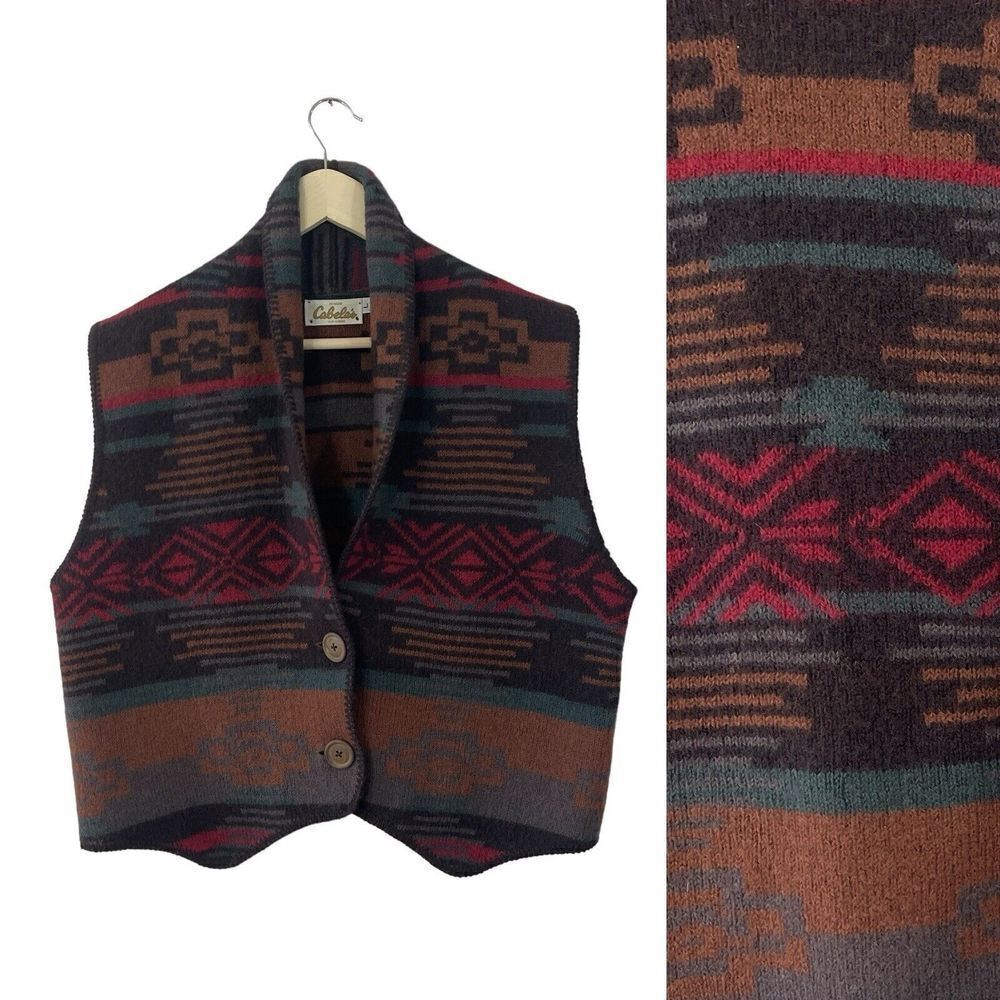 Vintage Cabela's Large Wool Button Sweater Vest Southwestern Sleeveless Womens
